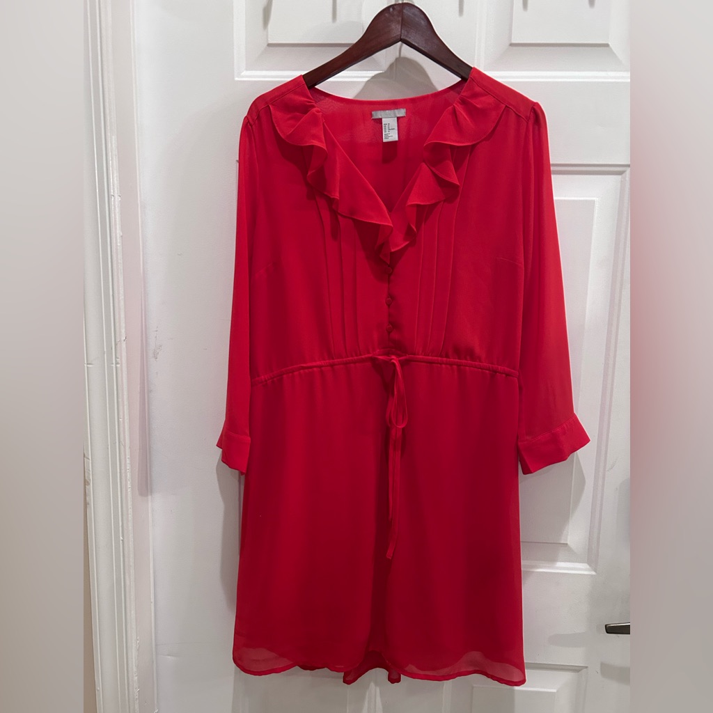 H&M Women's Dress Size 14 Red Ruffle Detail Long Sleeve